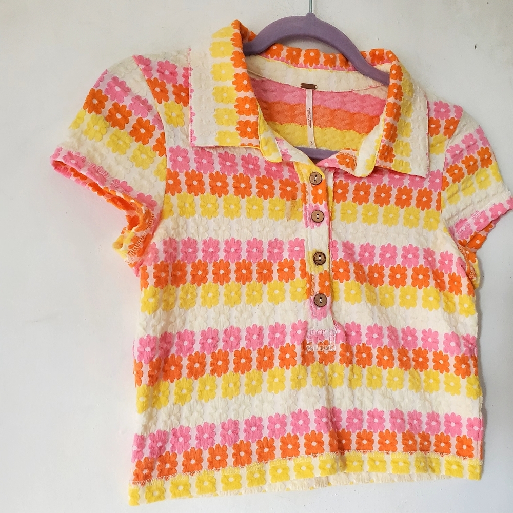 Free People Pink Yellow Orange Floral Knit Polo Top - Picture 5 of 8